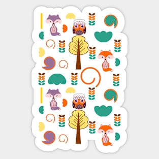 Autumnal foxes and owls Sticker